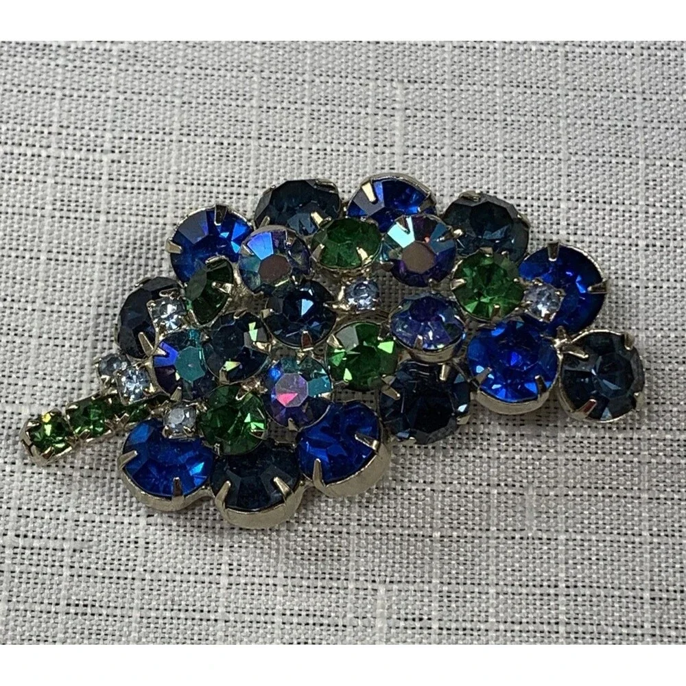 Vintage Brooch Blue Green Rhinestone Silver Tone 2” Jewelry Fashion Leaf Pin